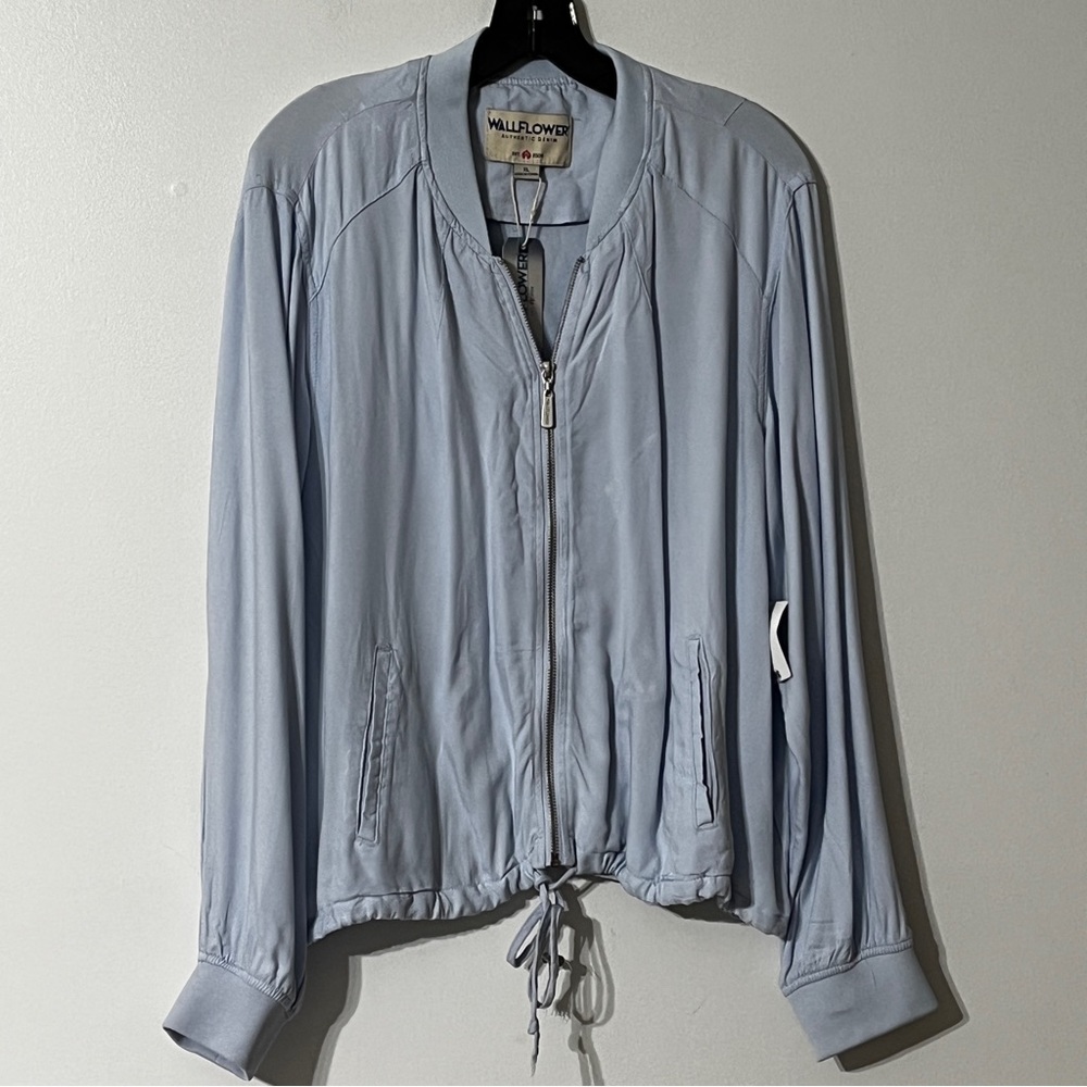Wall Flower Zip Up Pockets Adjustable Waist With Ties Blue Casual Jacket